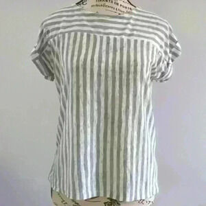COIN 1804  | Women's Grey/White Slub Striped Rolled Short Sleeved Top
